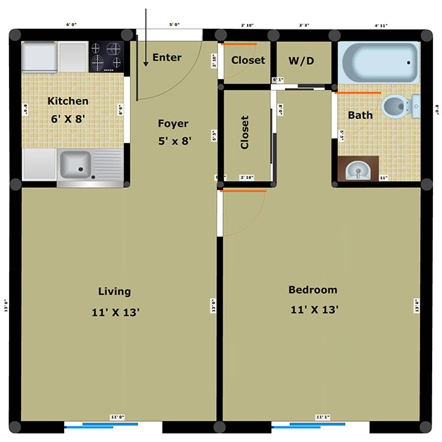 1 bedroom 1 bathroom apartment floor plan of Richmond Dairy