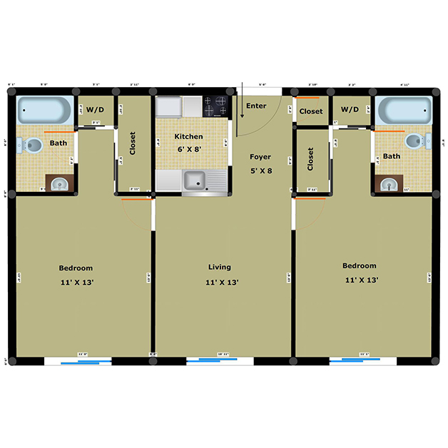 2 bedroom 2 bathroom floor plan of Dairy income based apartments Richmond VA 