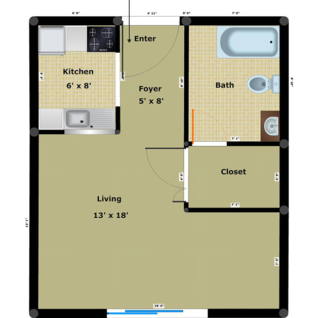 Efficiency 1 bathroom floor plan of Dairy income based apartments Richmond VA 